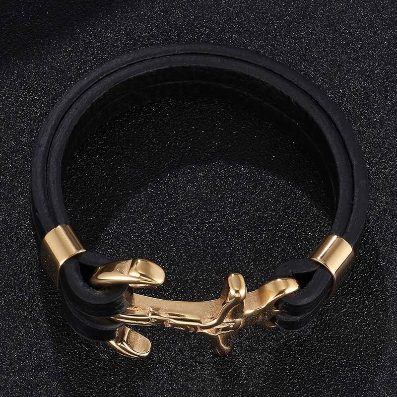 Pulsera de cuero con ancla cruzada para hombre, brazalete de acero inoxidable, Color dorado, para , SP0783