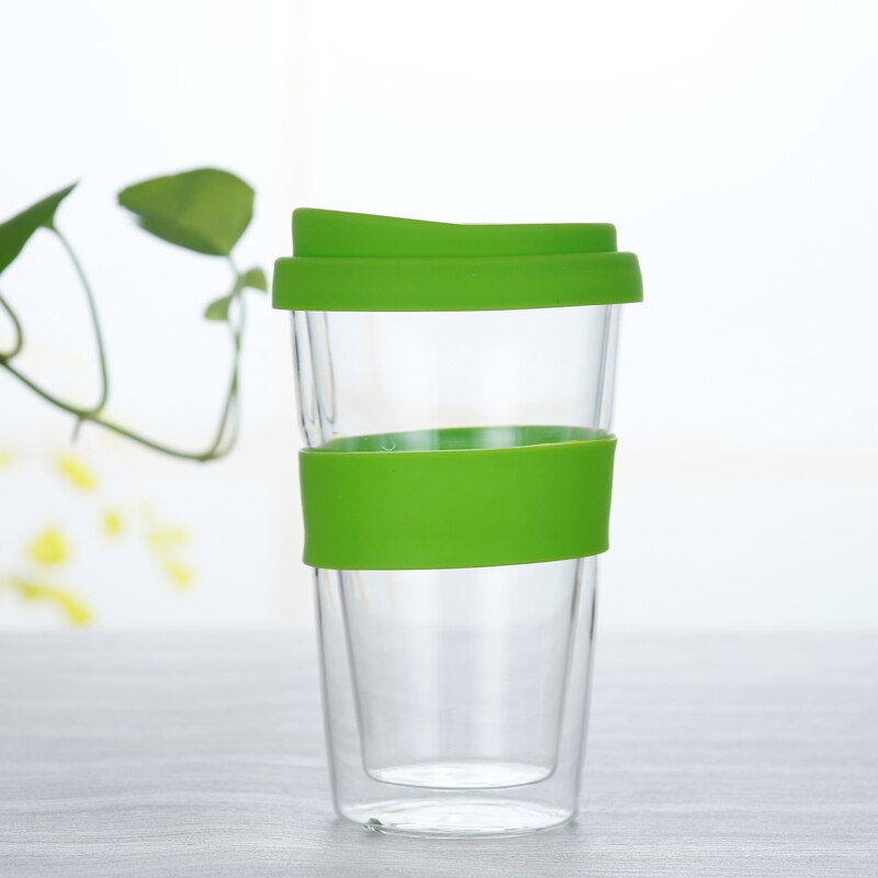400ml genomskinliga kaffekoppar med silikonöverdrag tjockt dubbelglas resekaffemugg resemugg med lock modern: Grön