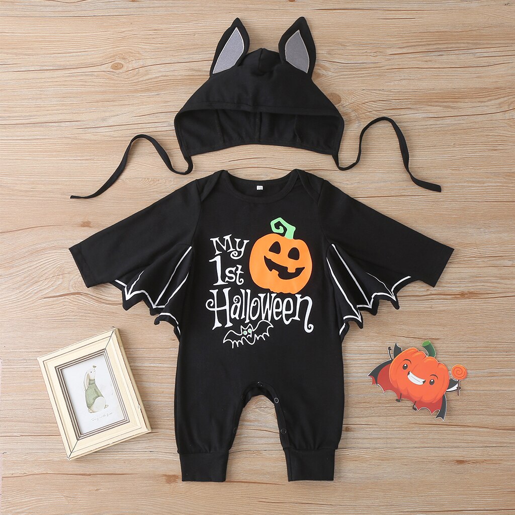 costume di Halloween Del bambino Ragazzi Pagliaccetto Nero Del Manicotto Del Batwing Del Collare Rotondo Zucca Stampato Stampa Tuta Vestiti di Festa 0-24mesi