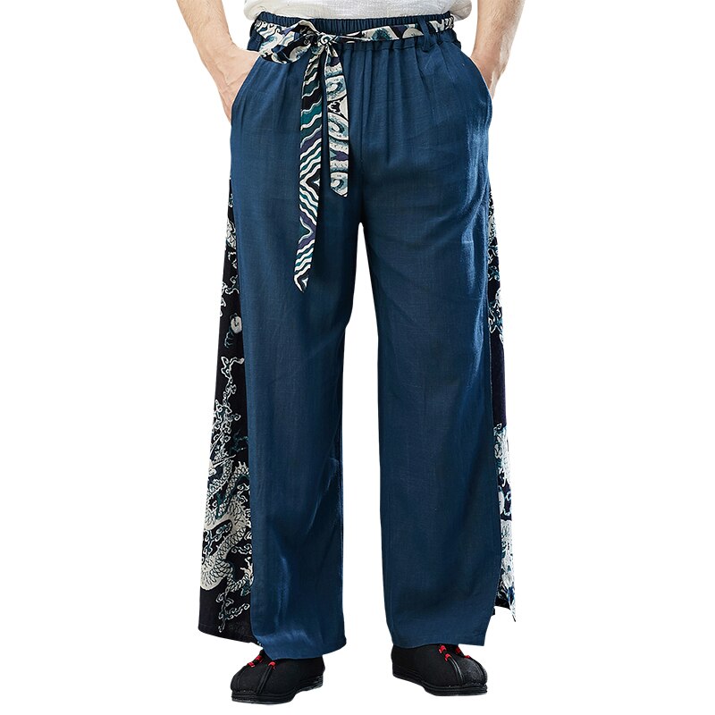 Chino pantalones de harén de los hombres dragón Oriental-pierna Retro de algodón de lino de carga pantalones holgados sueltos de encaje pantalones de Kung Fu: Azul / L
