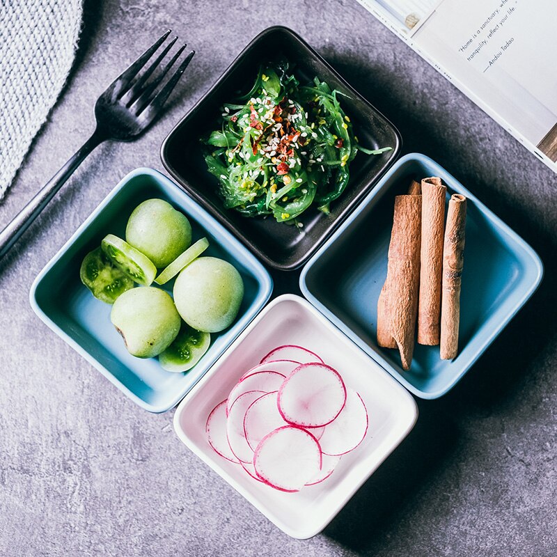 Keramisk smågrid snack tallerken mini firkantet krydderskål køkken dessert salat sojasovs eddike sennep beholder