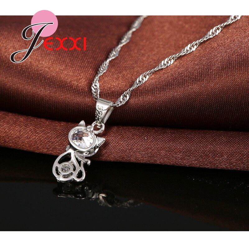 925 Sterling Silver Cubic Zirconia Wedding Jewelry Sets AAA CZ Crystal Cute Animal Cat Necklace Earrings Women Collar