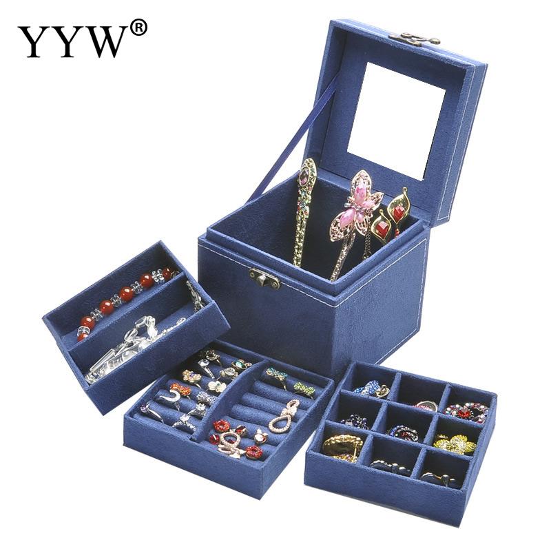 12x12x12cm Vintage Velvet Three-Tier Jewelry Box Multideck Storage Cases with Wood Mirror Wedding Birthday: 12