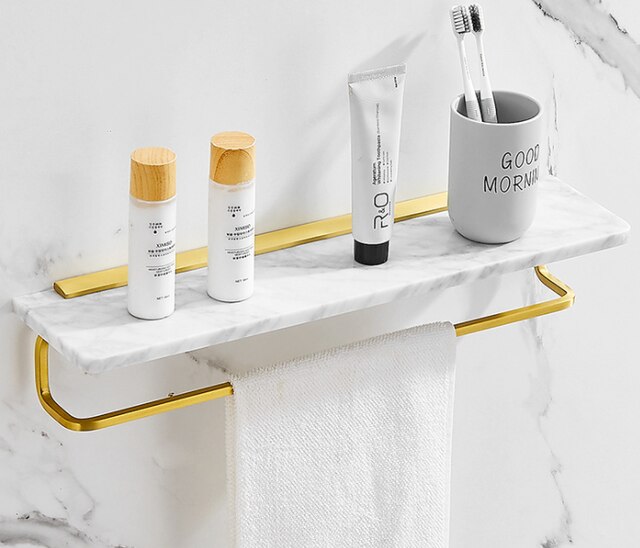 Luxury white marble bathroom towel rack brushed gold paper towel rack hardware paper holder corner shelf: towel shelf
