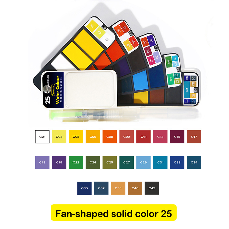 Superior 18/25/33/42- farvet ensfarvet vandfarve-malingssæt med sammenklappelig pensel bærbart akvarelpigment til kunstartikler: 25 farver sæt
