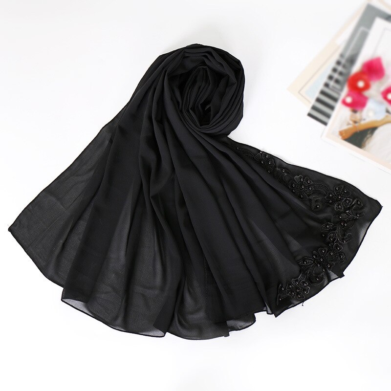 Blasen Chiffon muslimischen kopf schals nagel perle Nacken schal frauen kopf hijabs schals decke schal zubehör mädchen: Schwarz