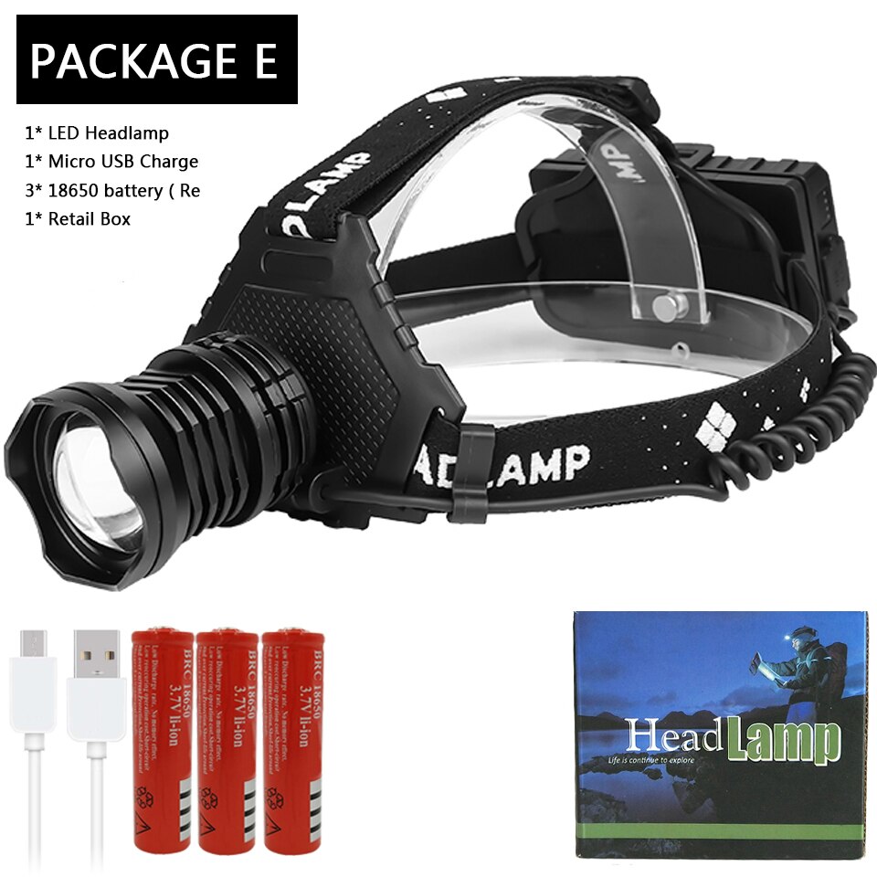 Lampa czołowa doprowadziło najmocniejszy reflektor XHP160 Zoomable głowica aluminiowa lampa Powerbank 7800mAh 18650 bateria robić oświetlenia kempingowego: Package E