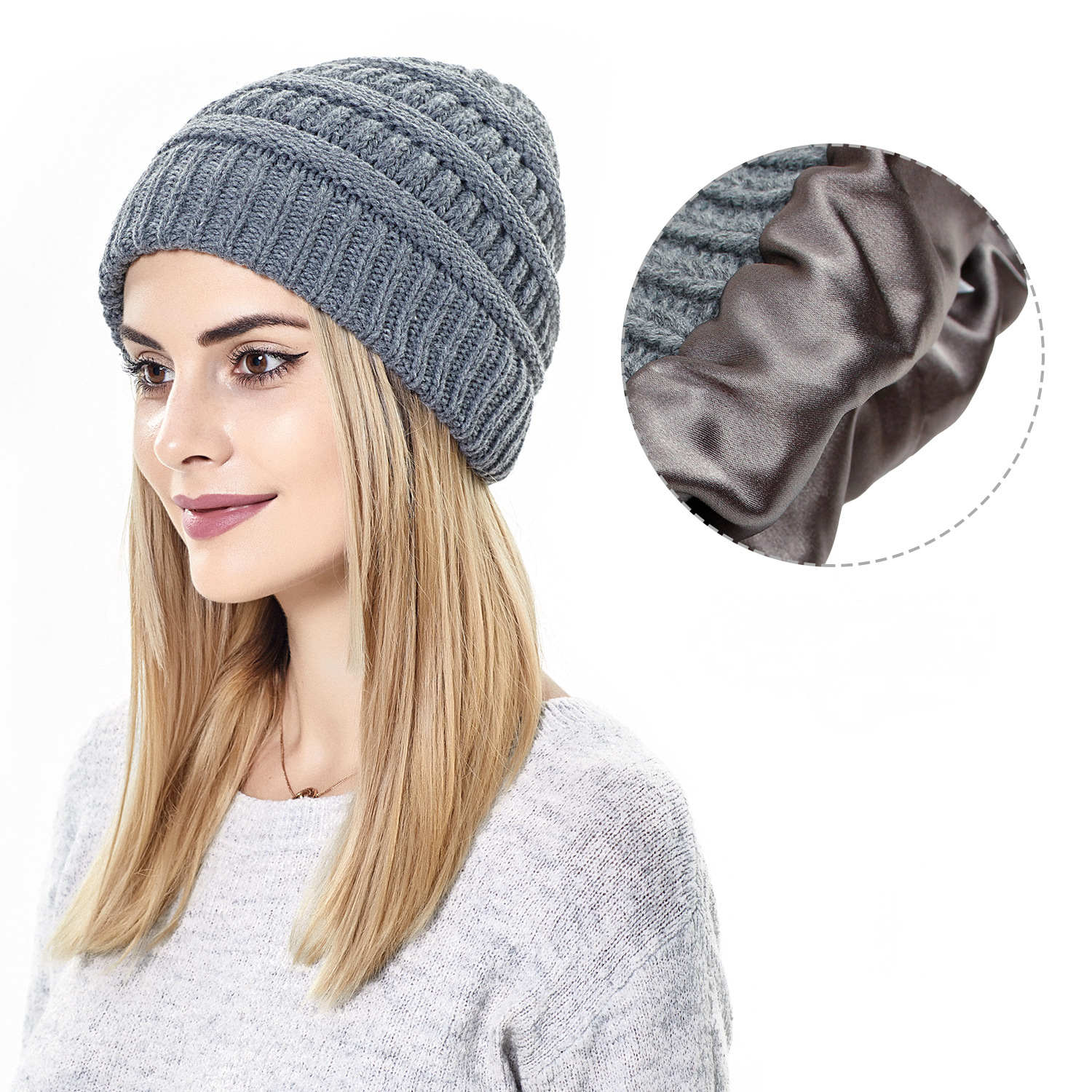 Gorro de punto cálido para mujer, gorro de punto con forro de seda satinada, gorro grueso y holgado con calavera, 9 colores, de invierno, 2022