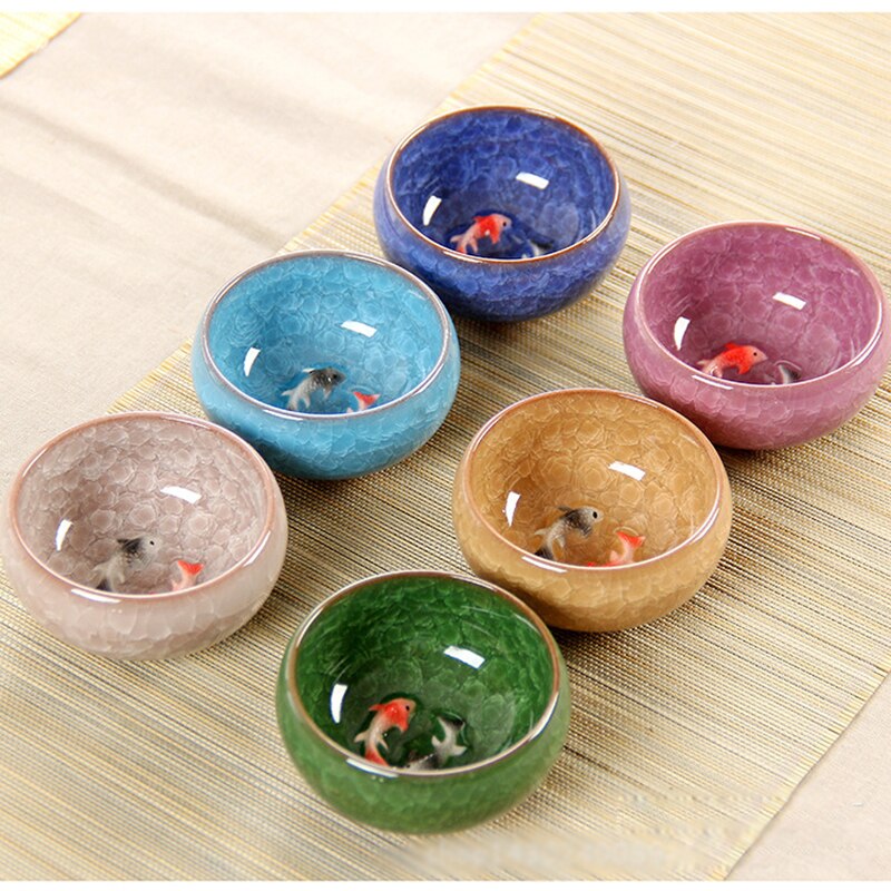 3D Ceramic double Fish China tea Cup,Kung Fu Tea Cup Set Crackle Glaze Travel Tea Bowl Chinese Porcelain Teacup Sets