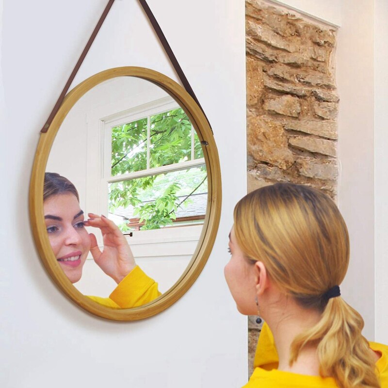 Hanging Round Wall Mirror in Bathroom & Bedroom - Solid Bamboo Frame & Adjustable Leather Strap