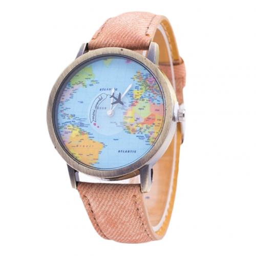 Reloj de cuarzo con correa de cuero de imitación para mujer, pulsera de hora con de mapa del mundo, esfera redonda, Retro Unisex: Marrón