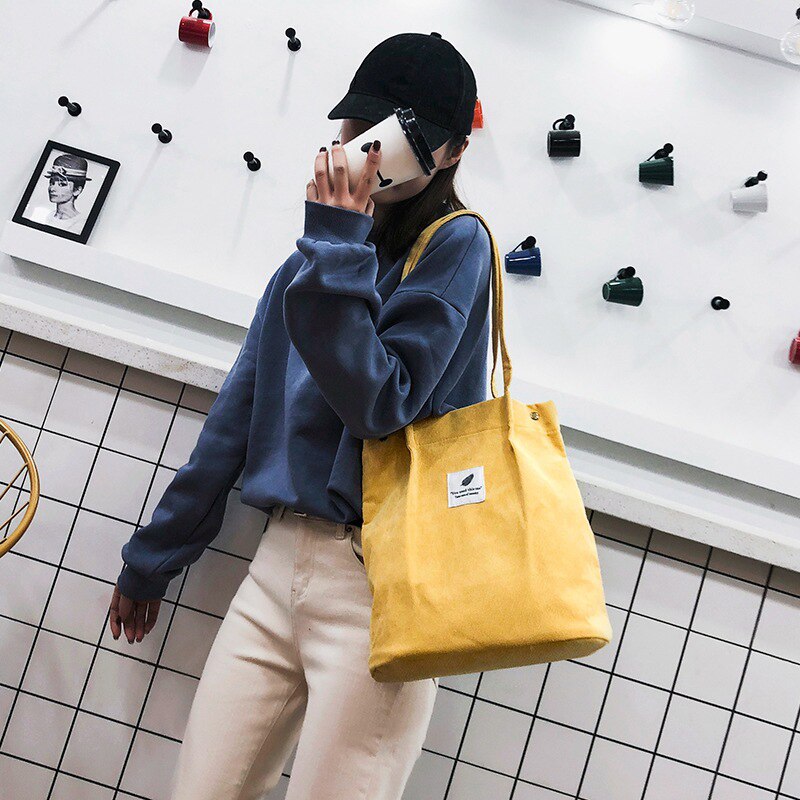 Hoge Capaciteit Vrouwen Corduroy Tote Dames Casual Effen Kleur Schoudertas Opvouwbare Herbruikbare Vrouwen Winkelen Strandtas