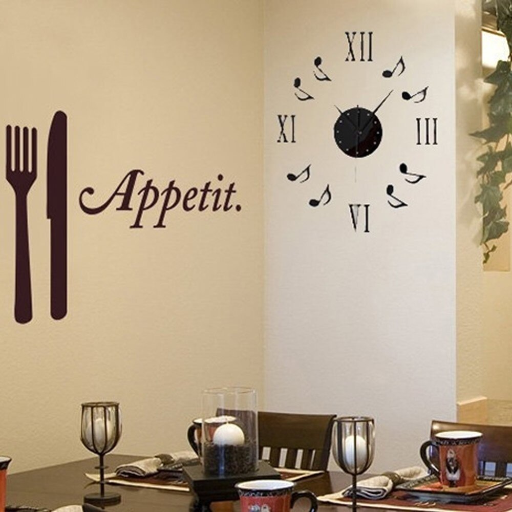 Modern Black DIY Music Notes Mirror Style Wall Clock Sticker Mirror Surface Wall Stickers Home Office Decor