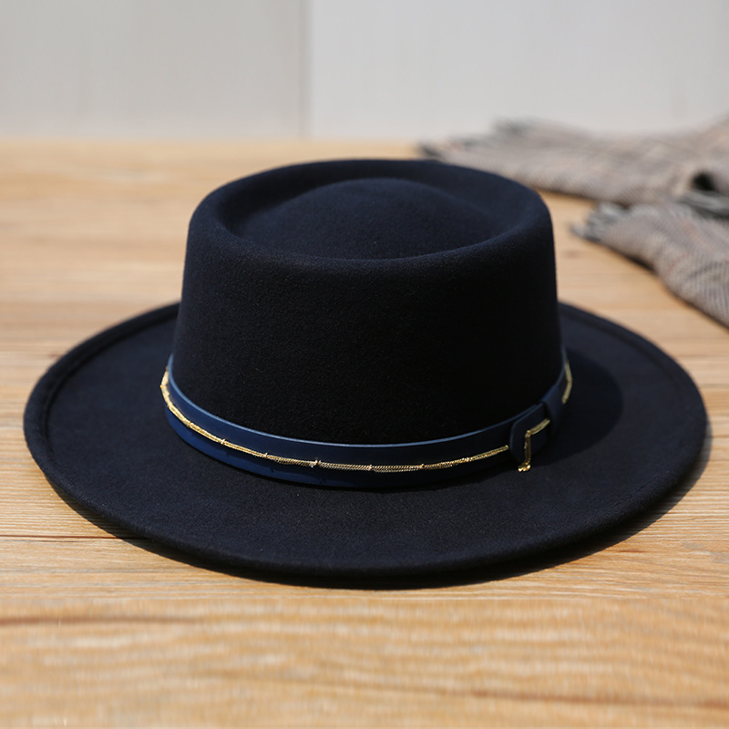 Casquette avec chaîne en feutre de laine pour femmes, chapeau marron à bord plat, casquette en forme de dôme, à la , chapeau Fedora pour église, X4069: Navy