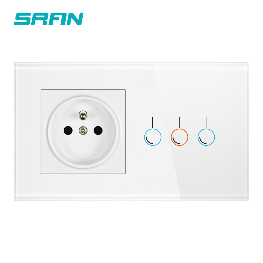 Sran Franse Touch Sensor Schakelaar Met Socket Crystal Glass Panel 170 ~ 250V 16A 146*86 Stopcontact met Lichtschakelaar 2 Gang 1 Manier: White 3gang 1way FR