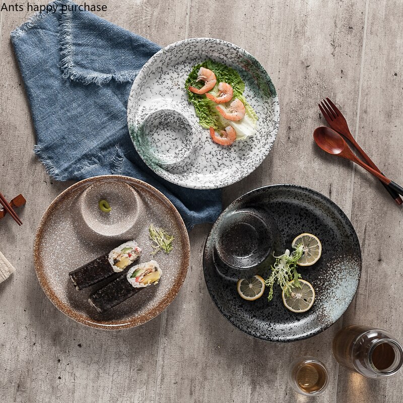 Plato para dumplings casero de cerámica de estilo japonés con compartimento para salsa, vajilla de restaurante de Hotel con vinagre, plato de Sushi