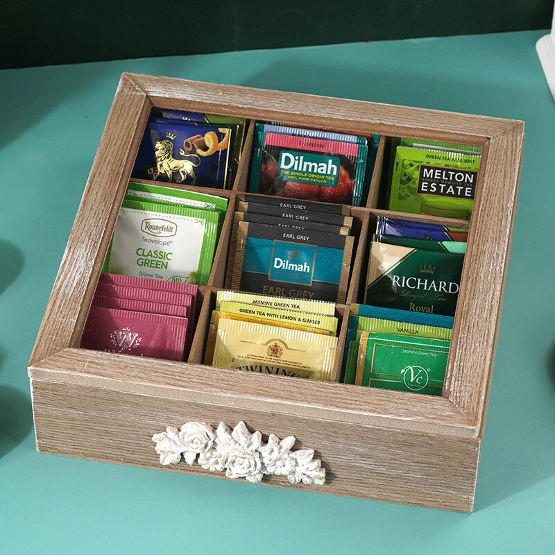 Wooden Tea Organizer for Tea Bags - Wooden Tea Chest with 9 Compartments - Clear Top Window - Lid Stays Open