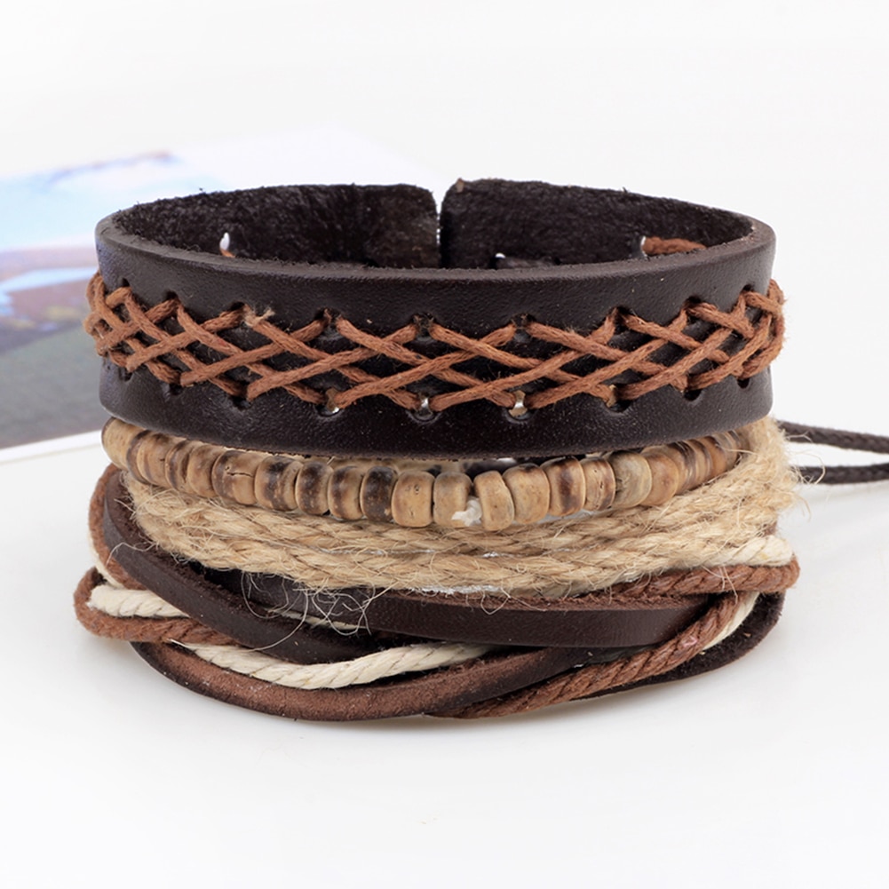 Bracelet en cuir tissé multicouche pour hommes, , fait à la main, réglable, Vintage, bohème,