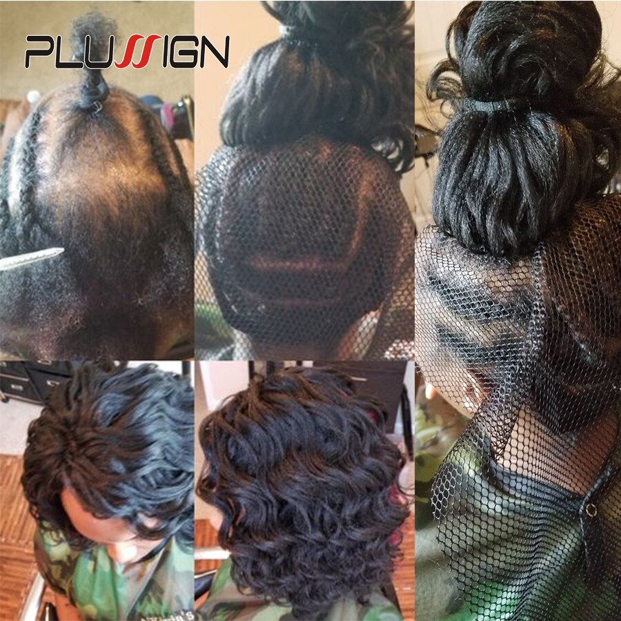 Plussign-tela transpirable 100% de poliéster para hacer pelucas, Red de pelo negro, redes elásticas, 5 uds.
