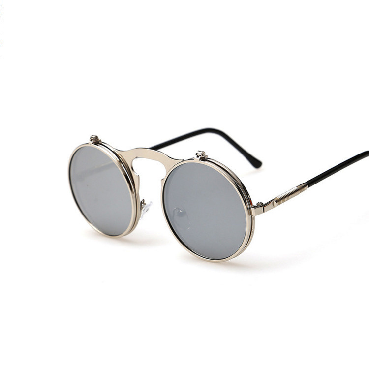 Gafas de sol redondas con tapa Retro para hombre y mujer, lentes de sol de estilo Steampunk de Metal, lentes transparentes circulares dobles para hombre y mujer: Rosa