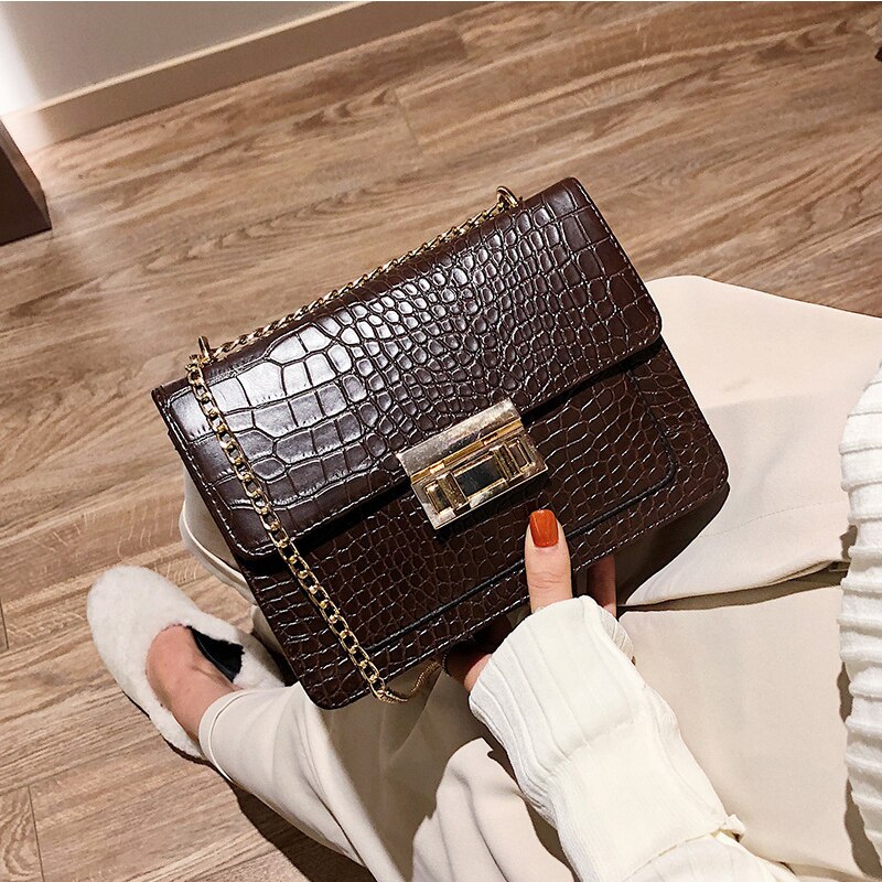 Retro Crocodile Pattern Shoulder Bags For Women PU Crossbody Bag Solid Color Small Square Bag Ladies Portable Handbags