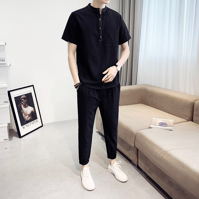 Weiß Schwarz Mandarin Kragen Han Chinesische Kleidung Für Herren 2 Pce setzt Sport Orient Bluse Und Hosen Shanghai Kostüm männer
