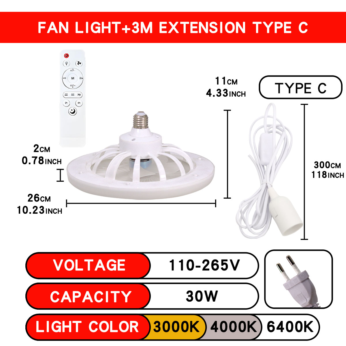 Luz LED para ventilador de techo E27 con control remoto, atenuación, velocidad del viento regulable de 3 velocidades, adecuada para sala de estar, estudio, baño: Gris