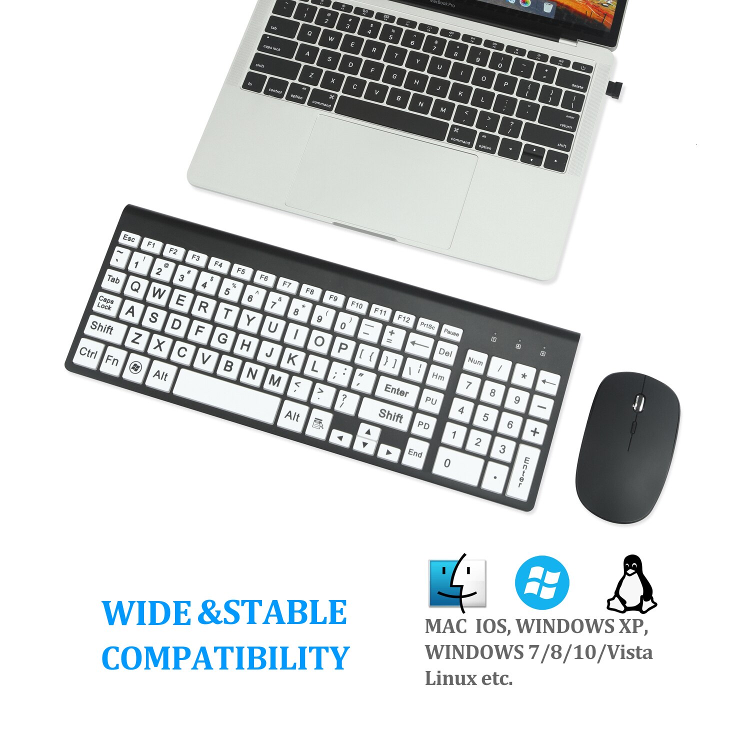 SeenDa 2.4G Wireless Silent Keyboard Larger Print Multimedia Full-size Ergonomic Keyboard Mouse Combo Set for Computer Laptop