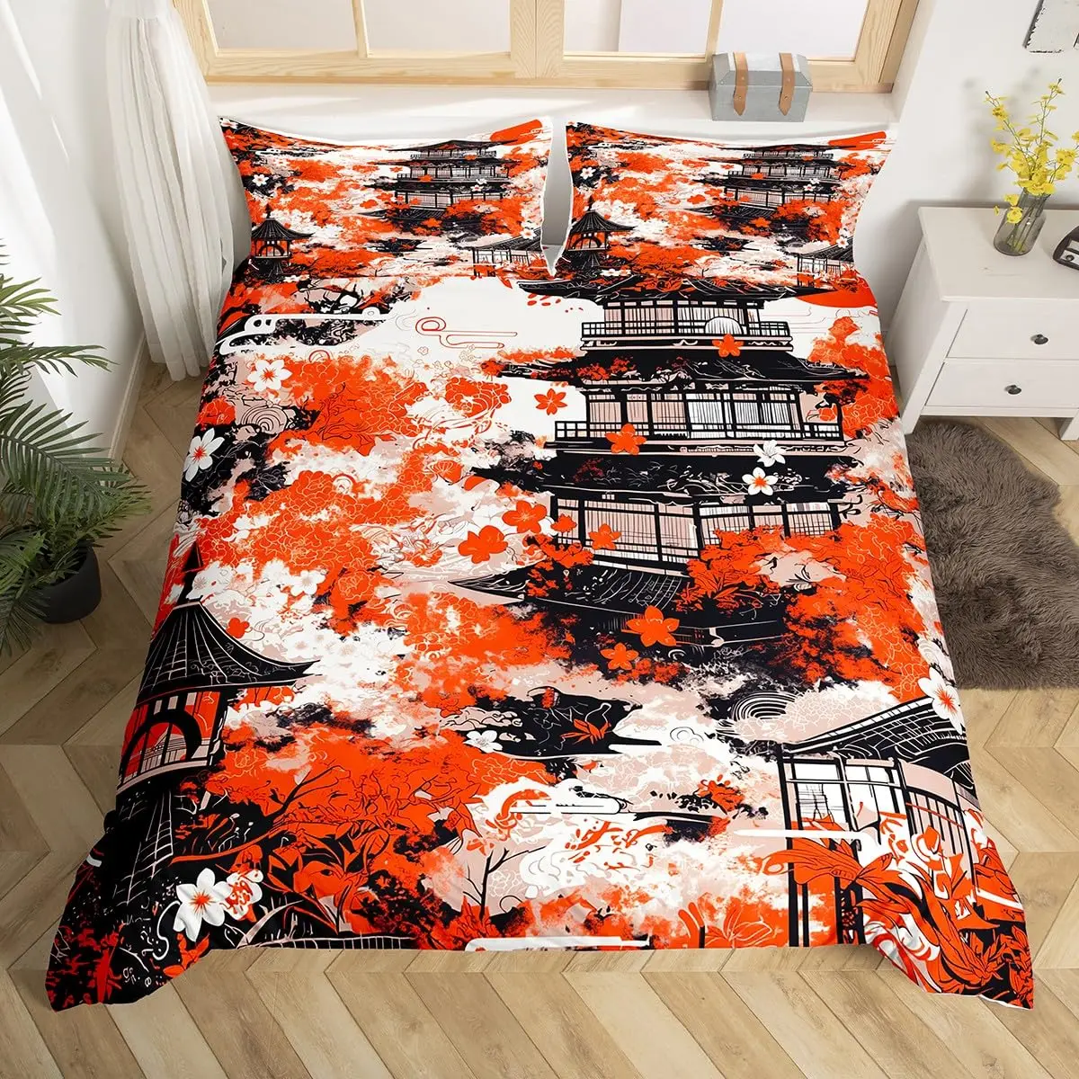 Japanese Building Duvet Cover Sets for Teens Queen Size Quilt Covers Lightweight Down 2 Pillowcases 1 Duvet Cover No Comforter: Twin / black