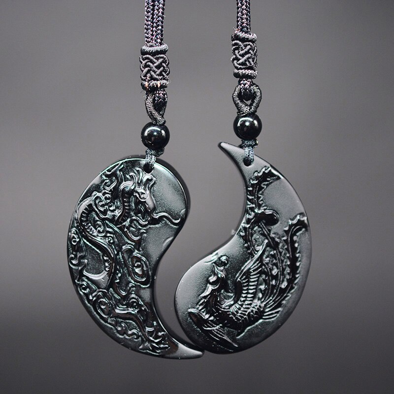 1 sæt obsidian taichi dragon og phoenix halskæde vedhæng yin yang vedhæng halskæde obsidian heldige vedhæng