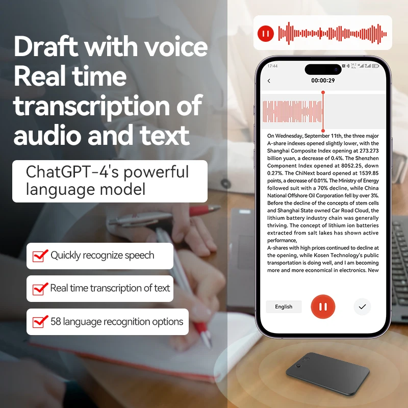 Ai powerd ChatGPT-4 app chamada telefônica mini gravador de voz de áudio espia transcribe summarize 58 tradutor de idiomas ditaphone de áudio