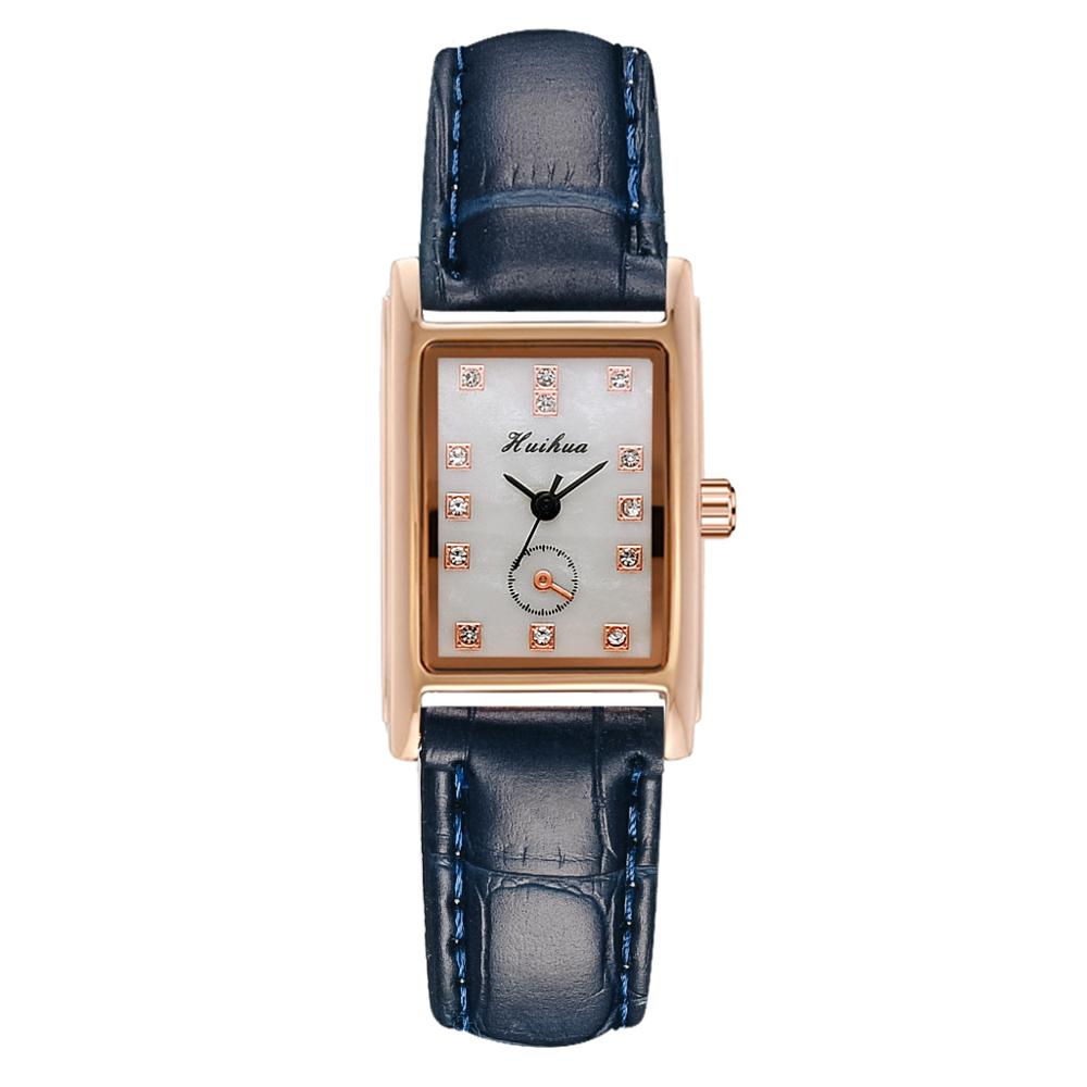 Ure kvinder firkantede rosa guld armbåndsure rødt læder mærke ure kvindelige damer quartz ur montre femme: Blå