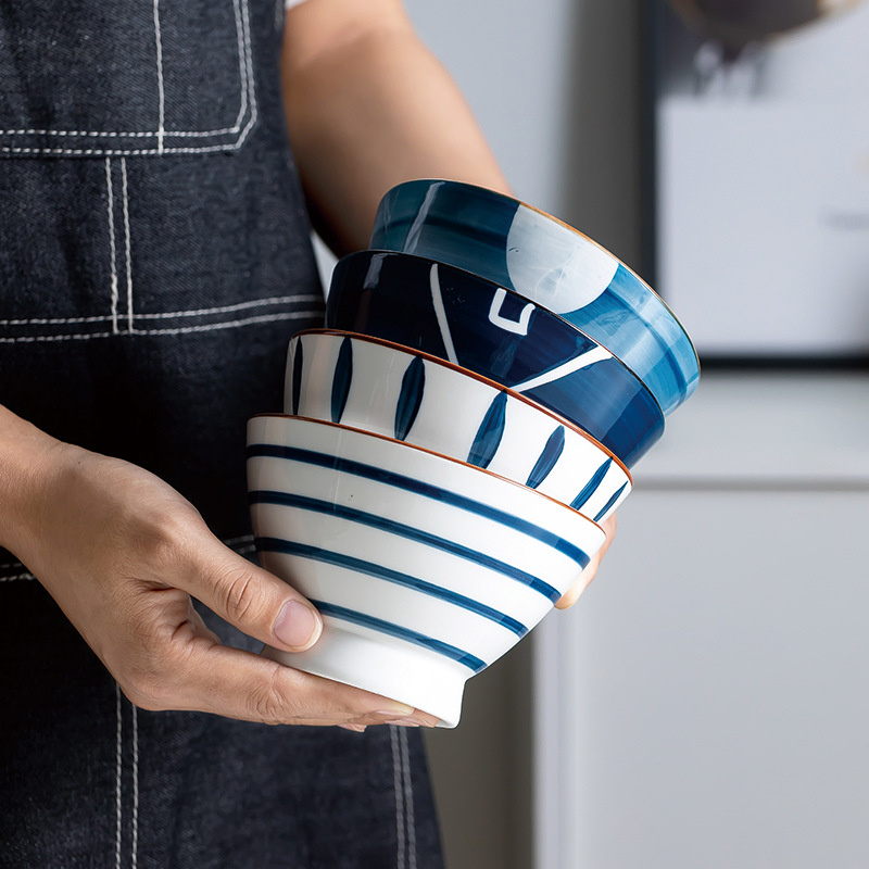 Japanse Ramen Kom, Keramische Kom, Servies, Hoge Voet Hoed Kom, Grote Soepkom, thuis Netto Blauw En Wit Porselein