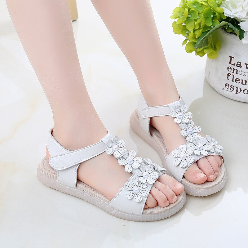 Bloemenmeisjes sandalen zomer kinderschoenen antislip zachte platte schoenen open teen kinder strandschoenen kleine meisjes prinsessen sandalen: Beige / 1