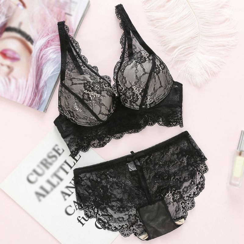 Lace Hollow Out Bralette Underwear Panty Set Women Sexy Lady Push Up Bra Set