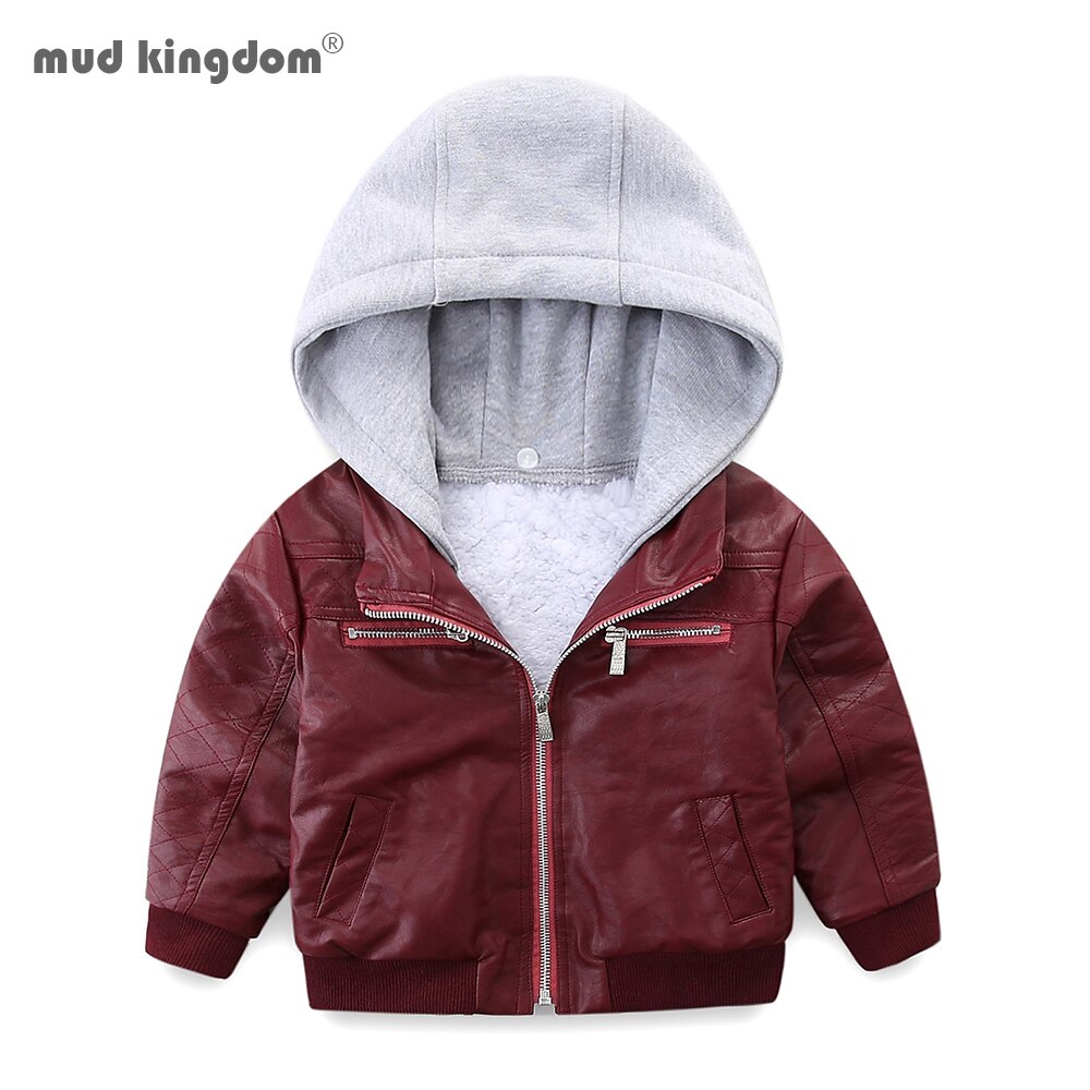 Mudkingdom Jongens Hooded Jassen Pu Lederen Winter Warm Lange Mouwen Fleece Jas Dikker Jongens Patchwork Bovenkleding Voor Peuter Tops