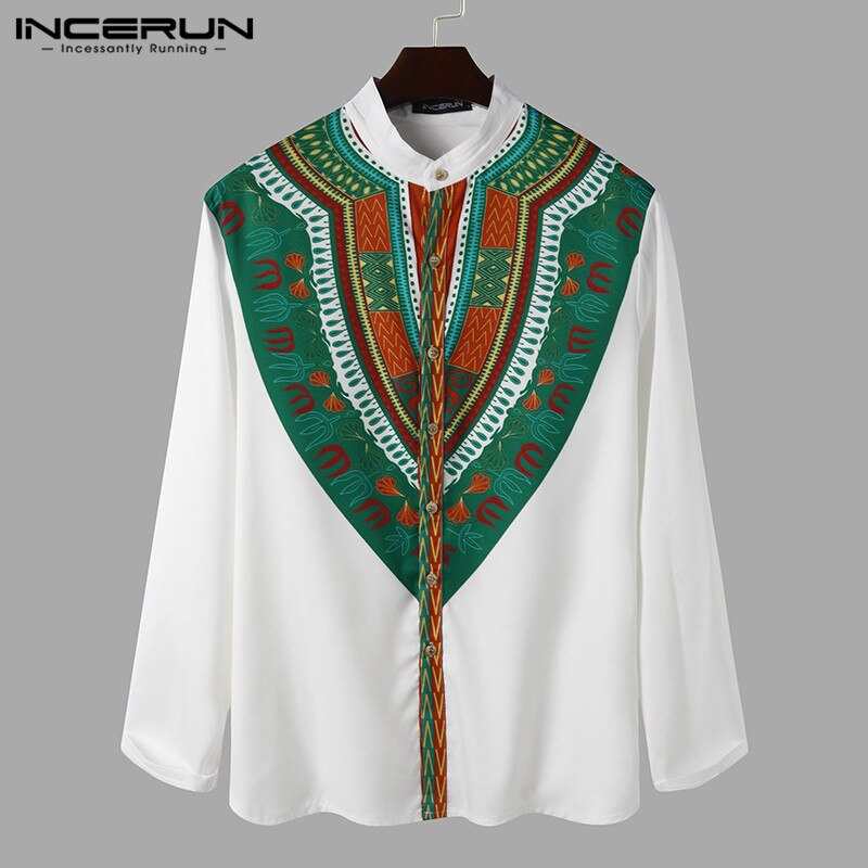 Men Shirts Ethnic Printed Long Sleeve Streetwear Stand Collar Casual Shirts Button African Dashiki Clothes Men Tops INCERUN 7