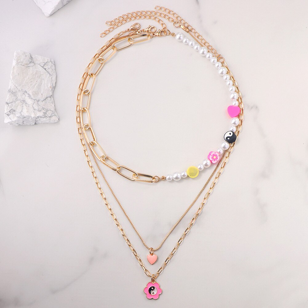 Trendy Animal Pearl Beaded Choker Necklace For Women Glazed Heart Flower Golden Multilayer Chain Necklace Summer Strand Jewelry: 070401PK