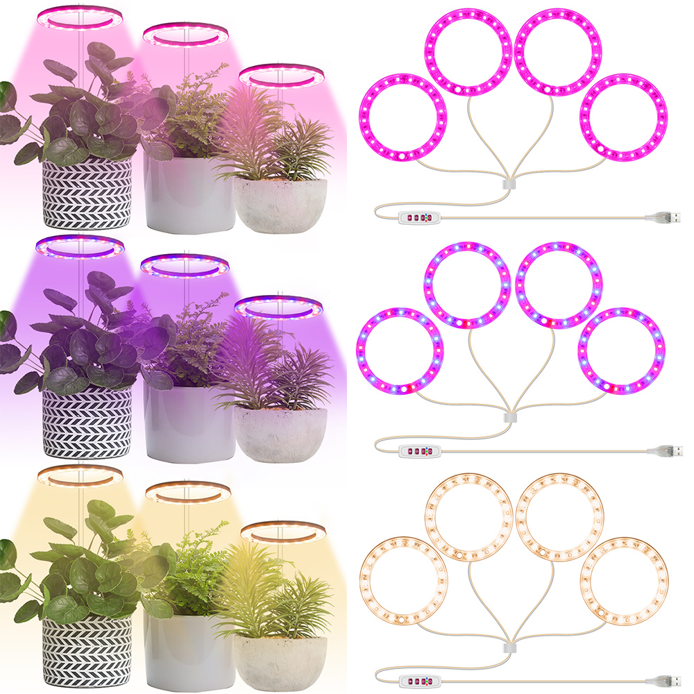 5V LED Grow Light 8/12/16H Timer USB Phyto Lamp Three Angel Ring Full Spectrum Phyto Lamp for Indoor Plants Flowers Growth Light