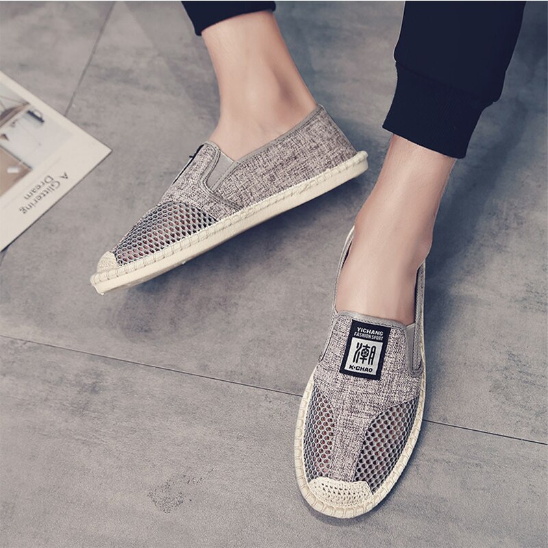 men breathable flat shoes espadrilles linen woven sleeves casual canvas shoes classic driving straw mesh lazy shoes sneakers