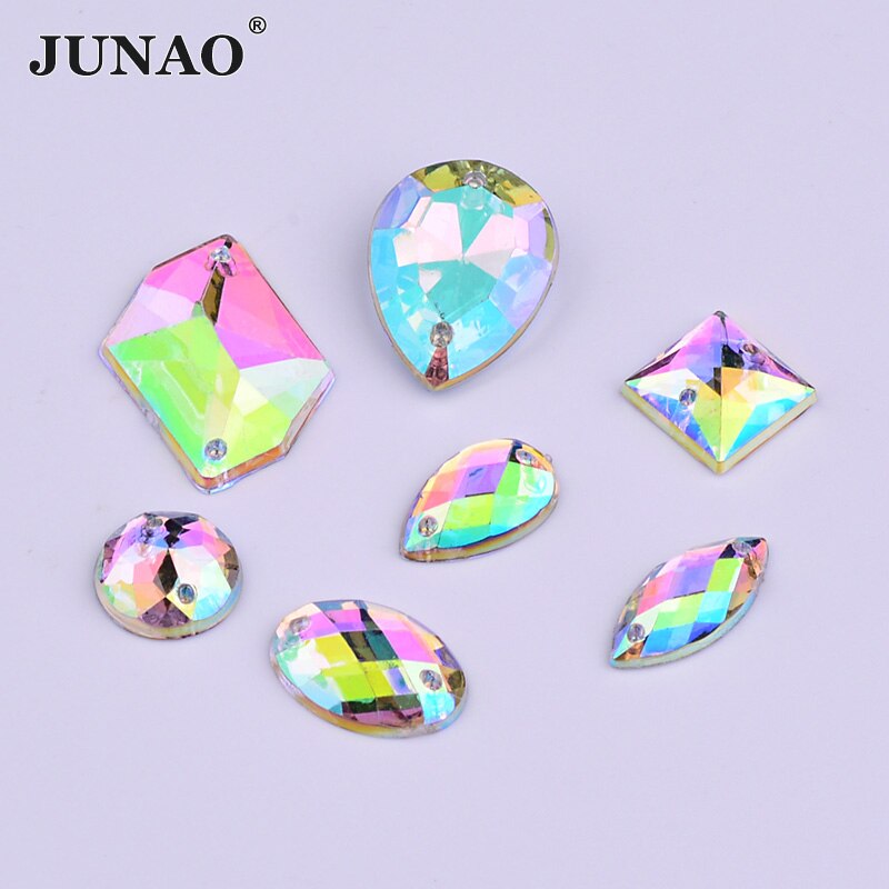 Junao Mix Grootte Naaien Op Kristal Ab Strass Platte Achterkant Strass Applique Naaien Acryl Crystal Stones Voor Dress Handwerken