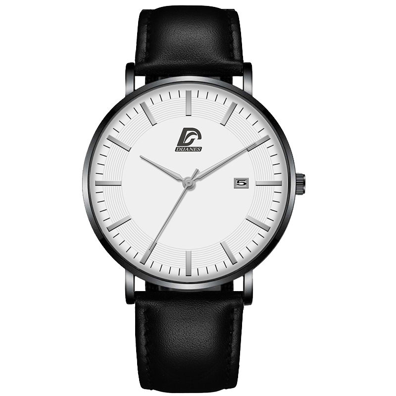 Dijanes miesten business minimalistiset kellot ultraohut ruostumaton teräsverkko vyö analoginen kvartsi rannekello reloj hombre: Nahka musta hopea