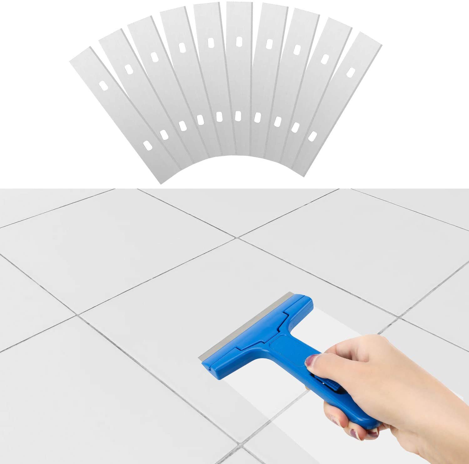 Grout Remover, Angled Grout Scraping Rake Tool + Scraper, Tile Grout Saw with 4 Pcs Extra Blades Replacement for Tile Cleaning