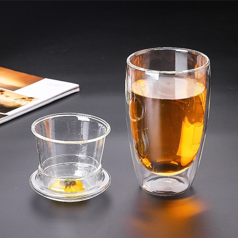 double walled high borosilicate glass tea cup, transparent food grade 350ml with infuser egg shape cup
