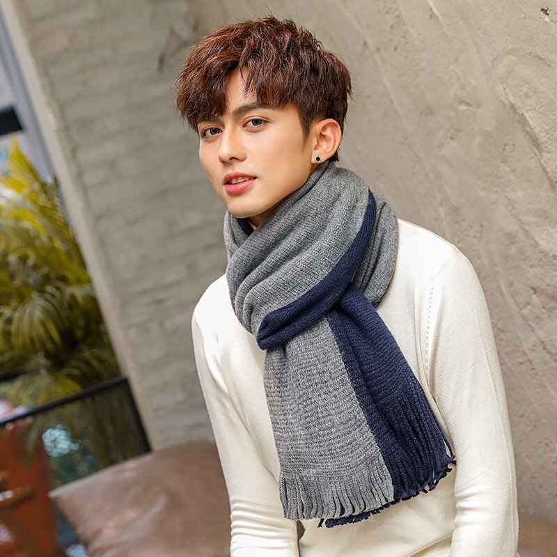 Pañuelo y grueso para hombre, bufanda de lana tejida, para estudiantes jóvenes, color azul marino, vino tinto, invierno,