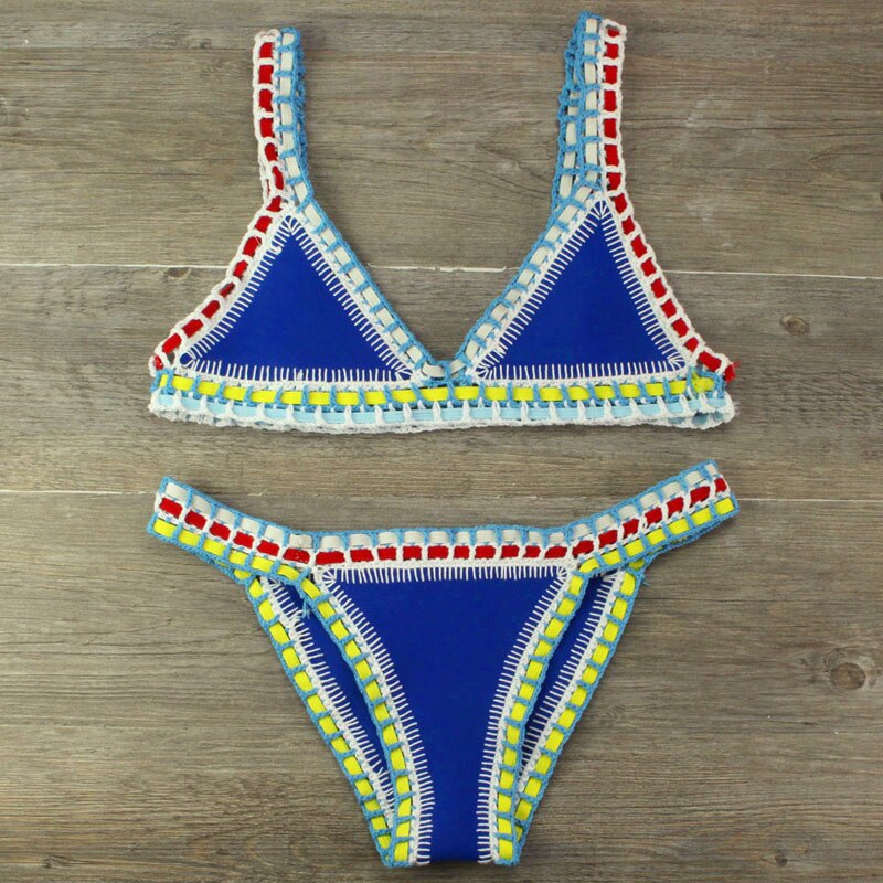 Women's Bikini Hand Crocheted Knit Patchwork Swimsuit Women Swimwear Beach Vacation Halter Top Maillot Biquini Bathing Suits: Blue