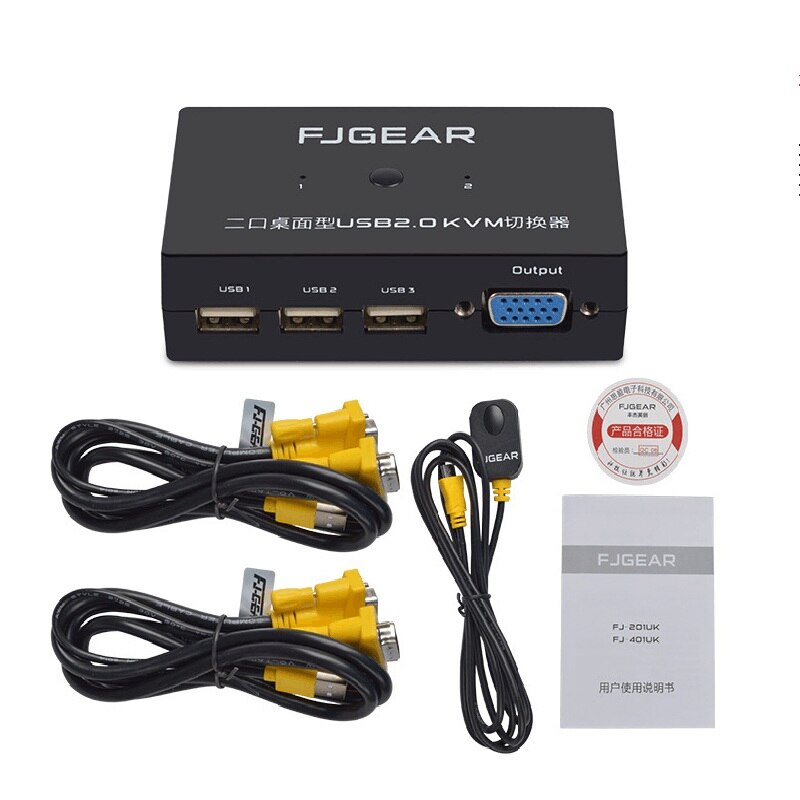 2 Port USB KVM Schalter Switch Box VGA Computer Share Usb Mouse Keyboard Monitor Converter With Connector Cables FJ-201UK