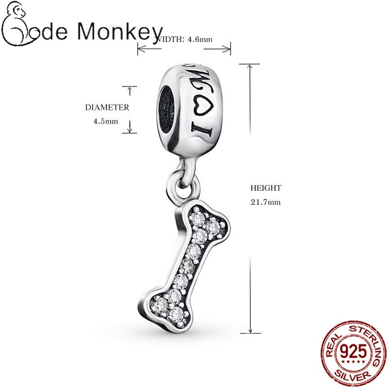 Codemonkey limpar zircão ossos encantos contas caber pulseira original 100% prata esterlina pingente moda jóias cms139