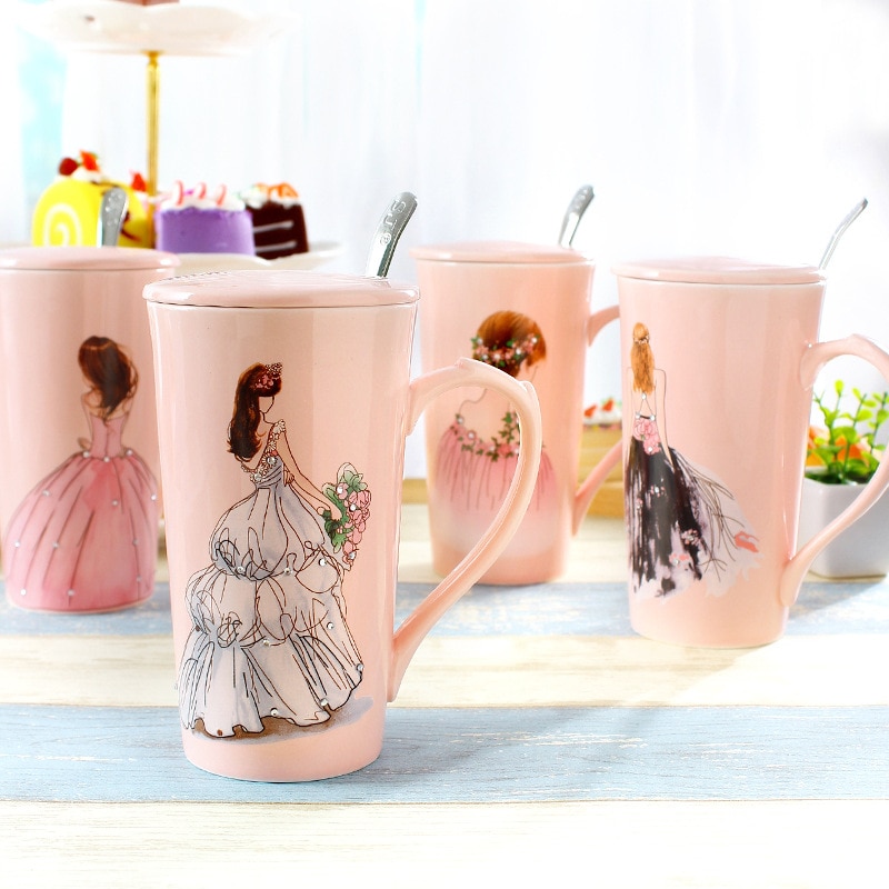 3d rosa vakre jenter i diamantbrudekjole kaffekrus med skje lokk vann te melkekopp