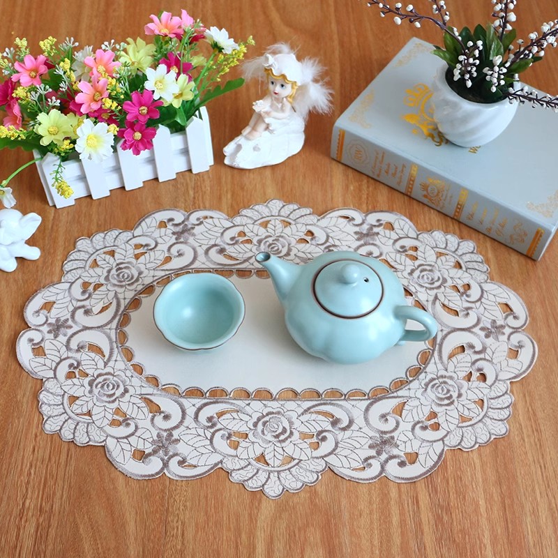 Tapete de mesa rectangular hueco bordado de tela moderno, posavasos, juego de té, cesta de flores, decoración de bar para de boda
